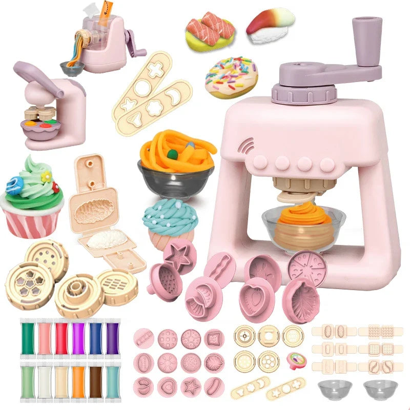 Pink clay noodle maker tool with purple nozzle and several round stamp molds