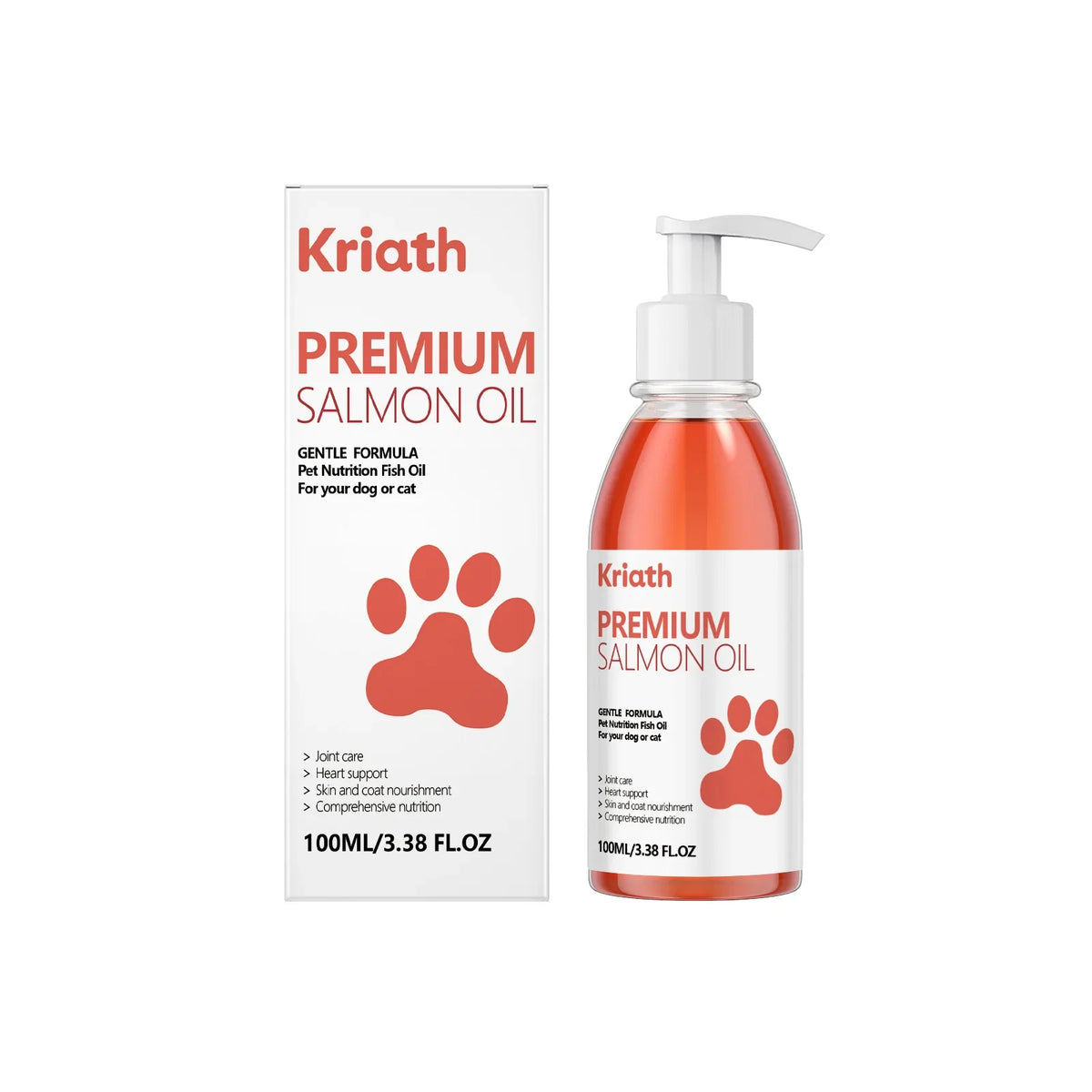 Premium salmon oil supplement pump bottle and retail box, 100ml packaging