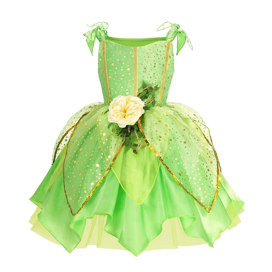 Kids green fairy princess dress with polka-dot bodice, layered tulle skirt, bow straps