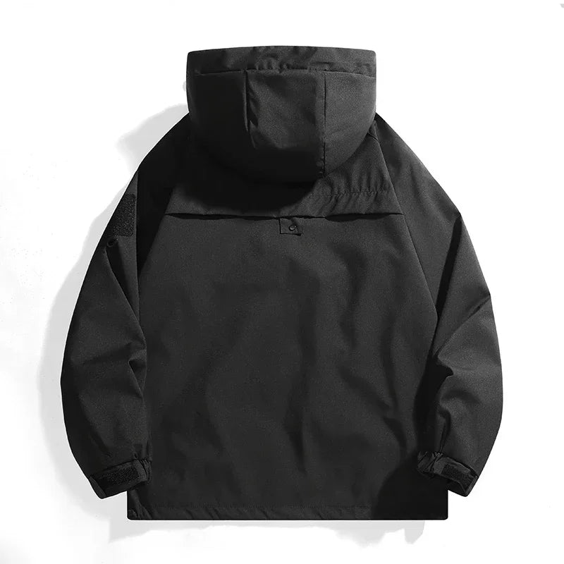 Unisex waterproof windbreaker jacket in black, full-zip front and hood.