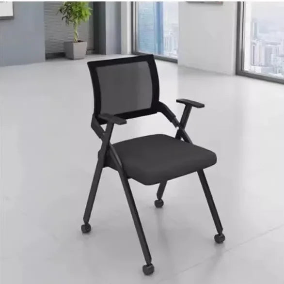 Folding training chair with desk board, black mesh back, black cushioned seat, rolling legs