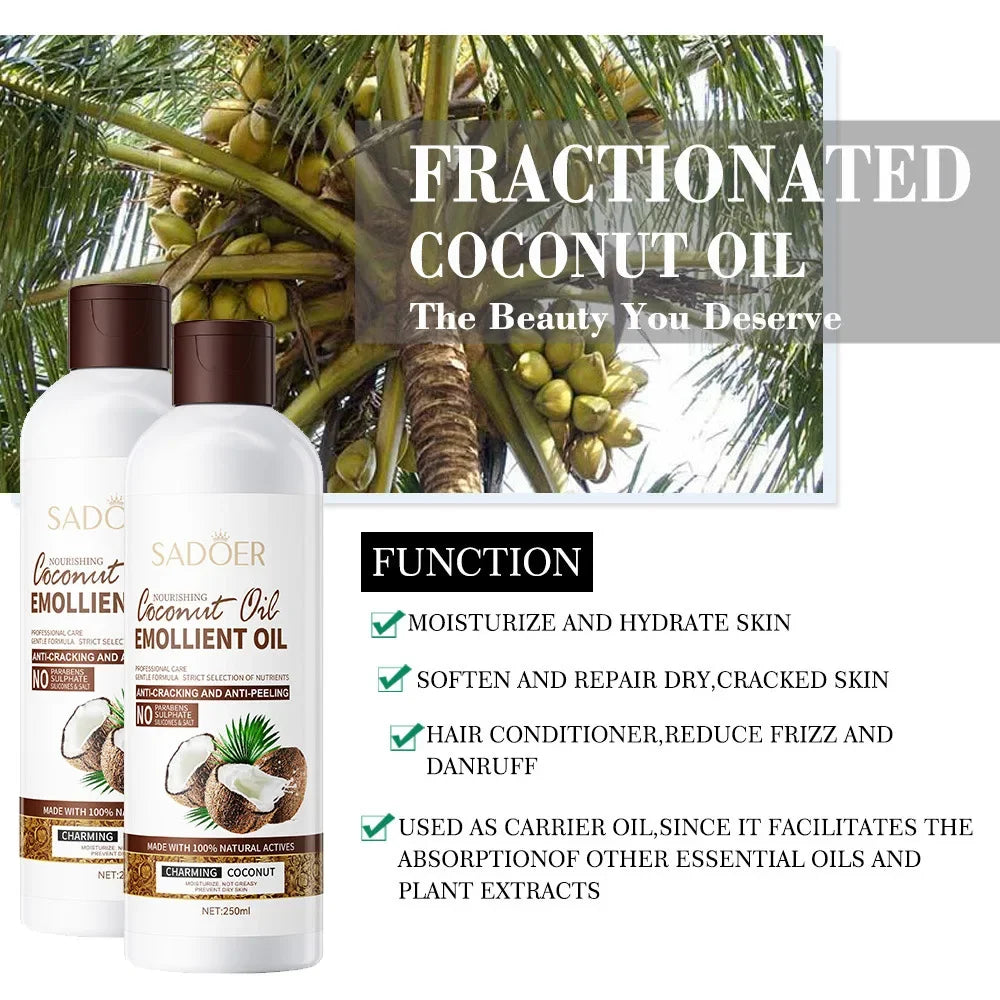 SADOER fractionated coconut oil bottle with coconut leaves and fruit