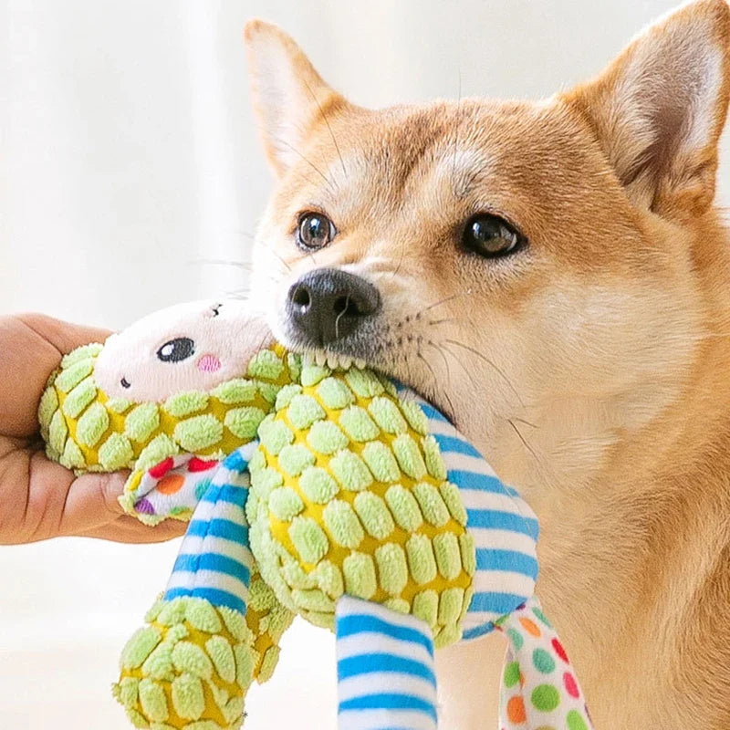 Green dinosaur plush dog toy with striped belly and long plush arms