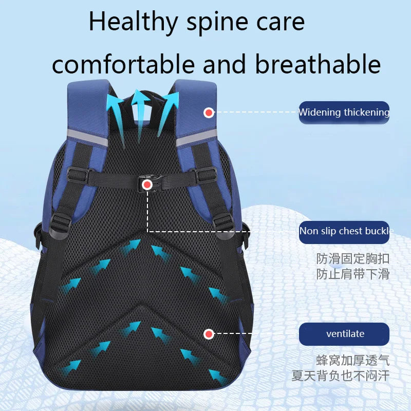 Back view of kids astronaut backpack with padded shoulder straps and breathable mesh panel