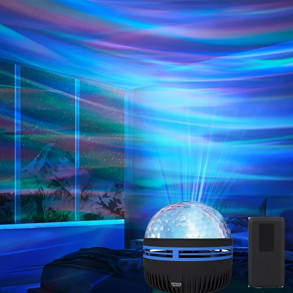 Aurora starry sky projector with spherical dome and matching remote control, close view