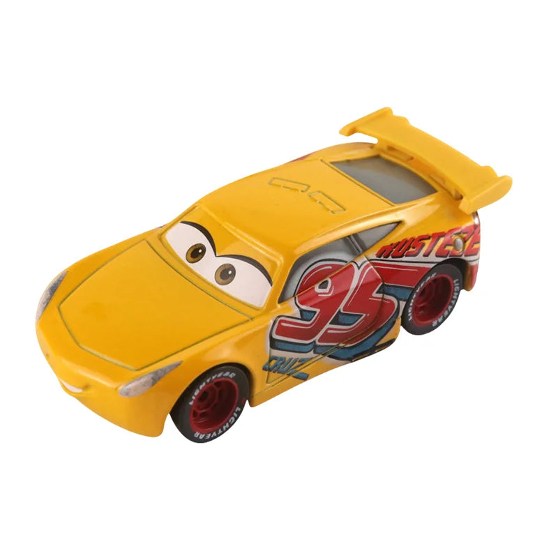 Diecast race car model, yellow with number 95 styling and red wheel details