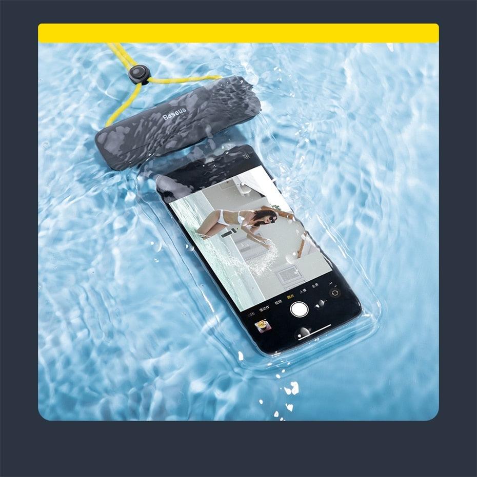 Black waterproof phone pouch with clear front window, rope lanyard, and buckle