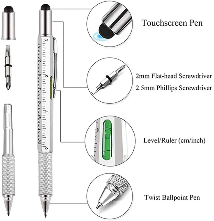 7-in-1 stylus pen set showing touch tip, screwdrivers, ruler, and ballpoint