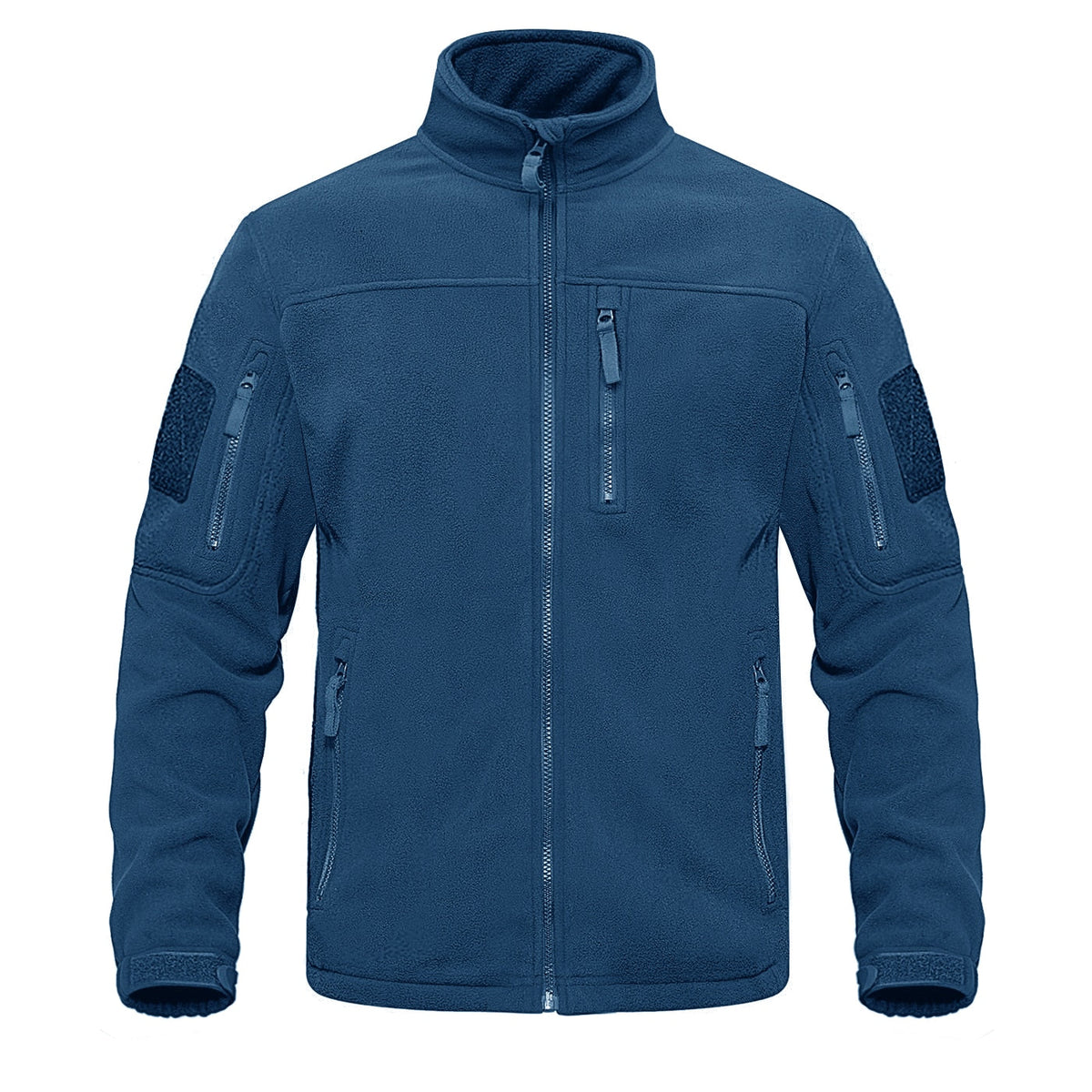 Fleece full-zip jacket in blue with stand collar, front zipper, and side zip vents