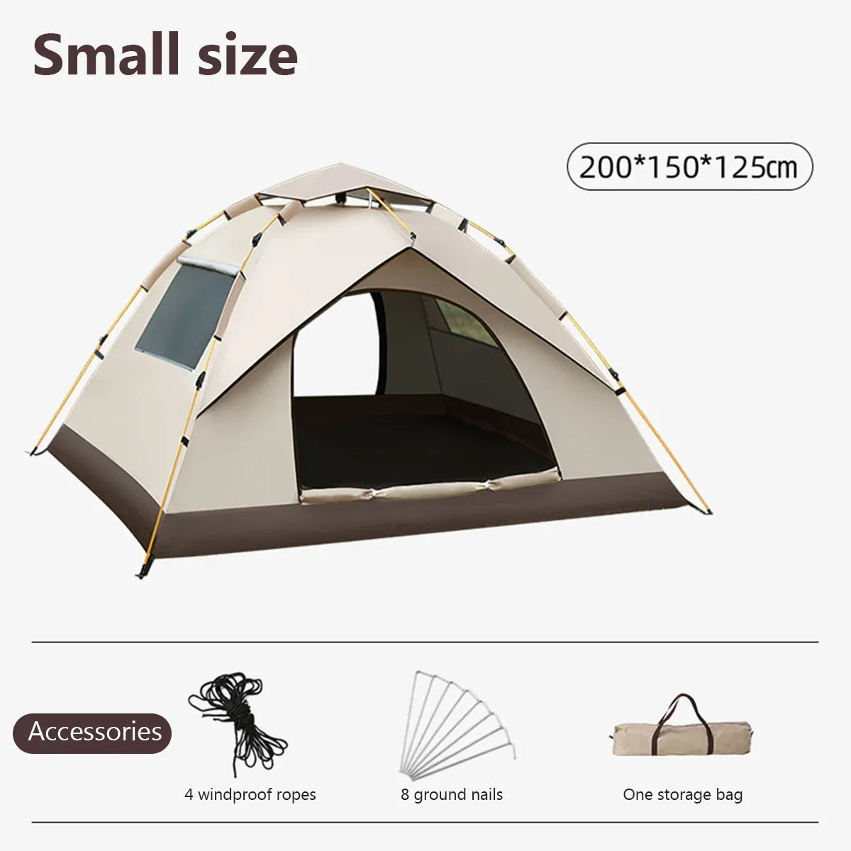 Small-size folding camping tent set with ropes, ground nails, and storage bag