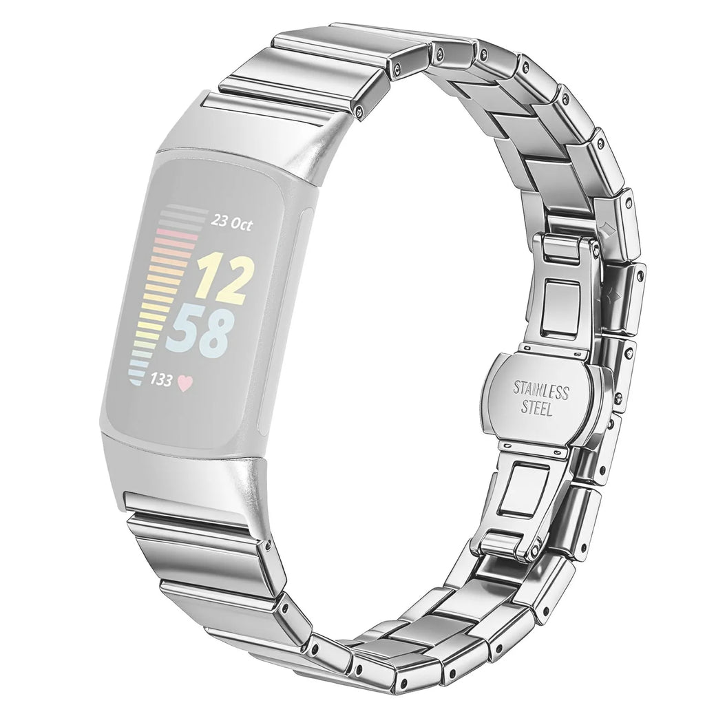 Silver slim stainless steel link band with butterfly clasp and watch display