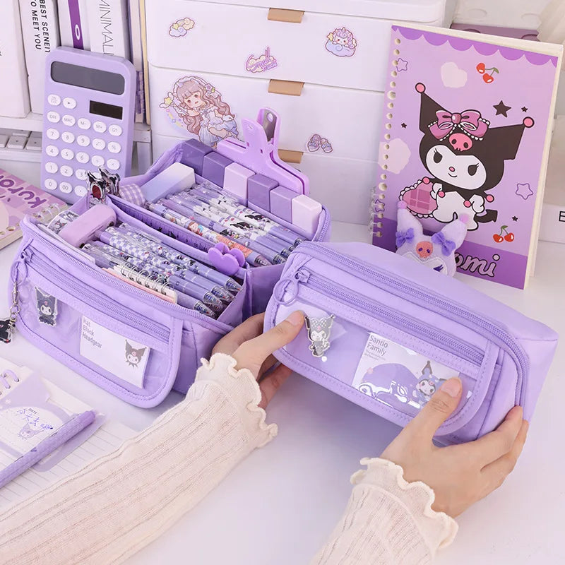 Lavender zip pencil case holding pens and markers, with front character patch