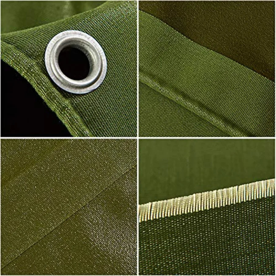 Green tarpaulin fabric close-up with metal grommet rings and reinforced stitching