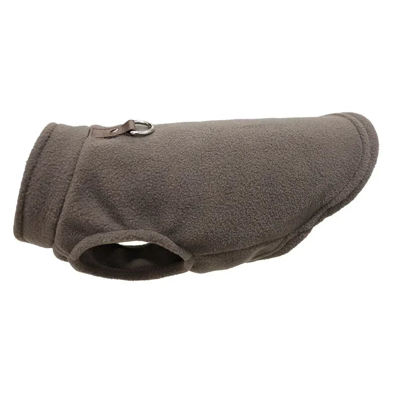Brown fleece pet jacket vest with D-ring strap and round leg opening