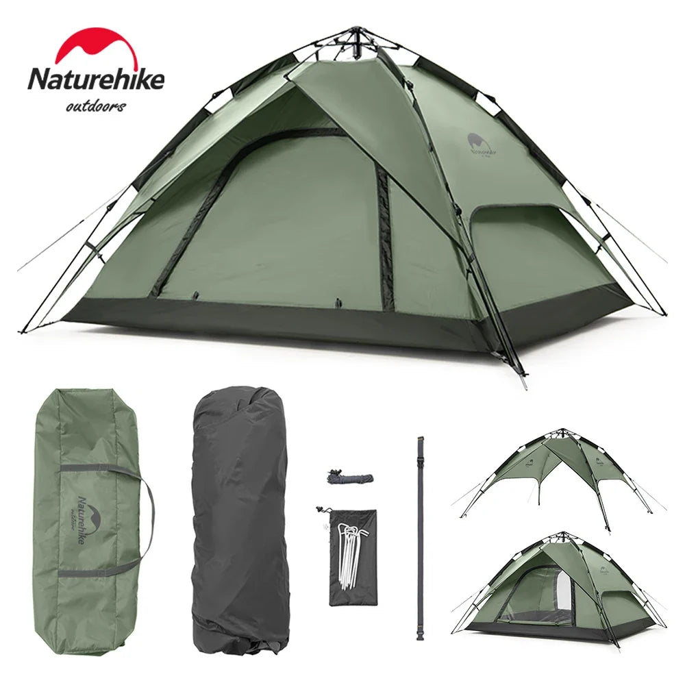 Ultralight automatic 3–4 person tent in dark green with arched entry and mesh windows