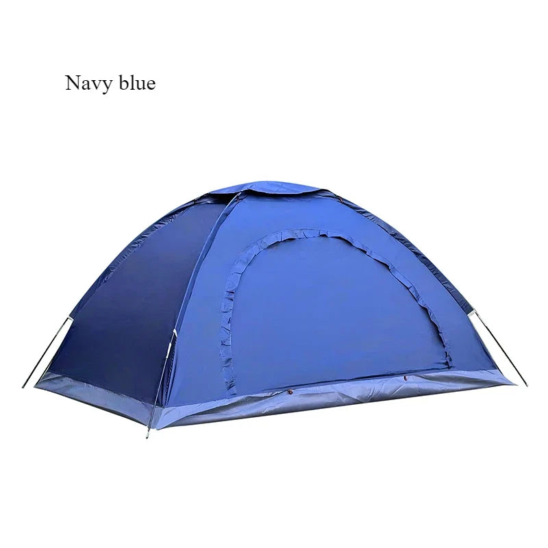 Navy blue dome camping tent with arched entrance and mesh window