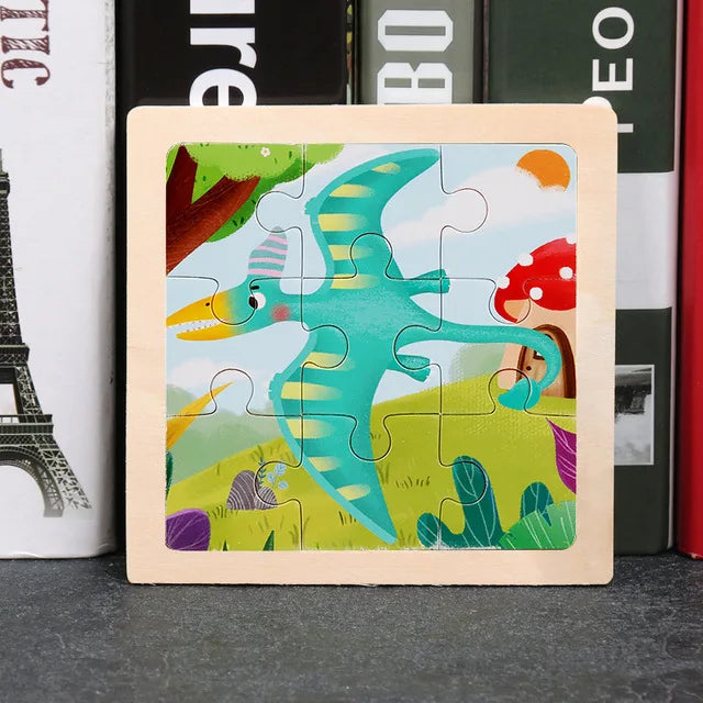 Wooden 3D tangram puzzle with cartoon dinosaurs and interlocking pieces in a frame