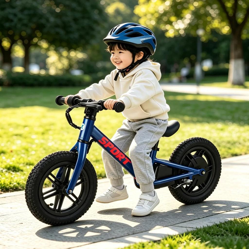 Kids balance bike with air tires in blue, helmeted child riding, black seat and wheels