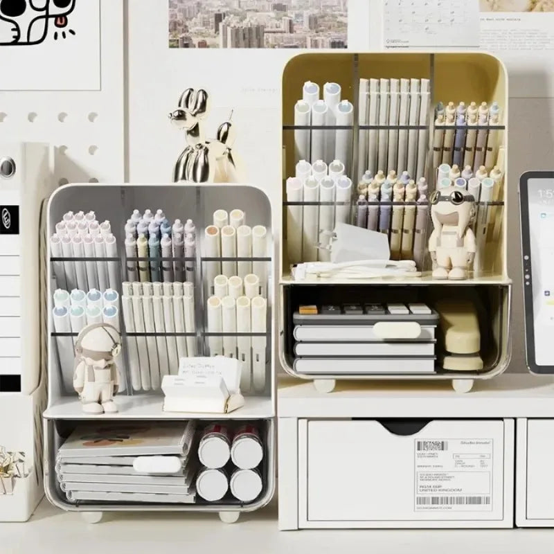White multi-compartment desk pen organizer with open drawers and dividers