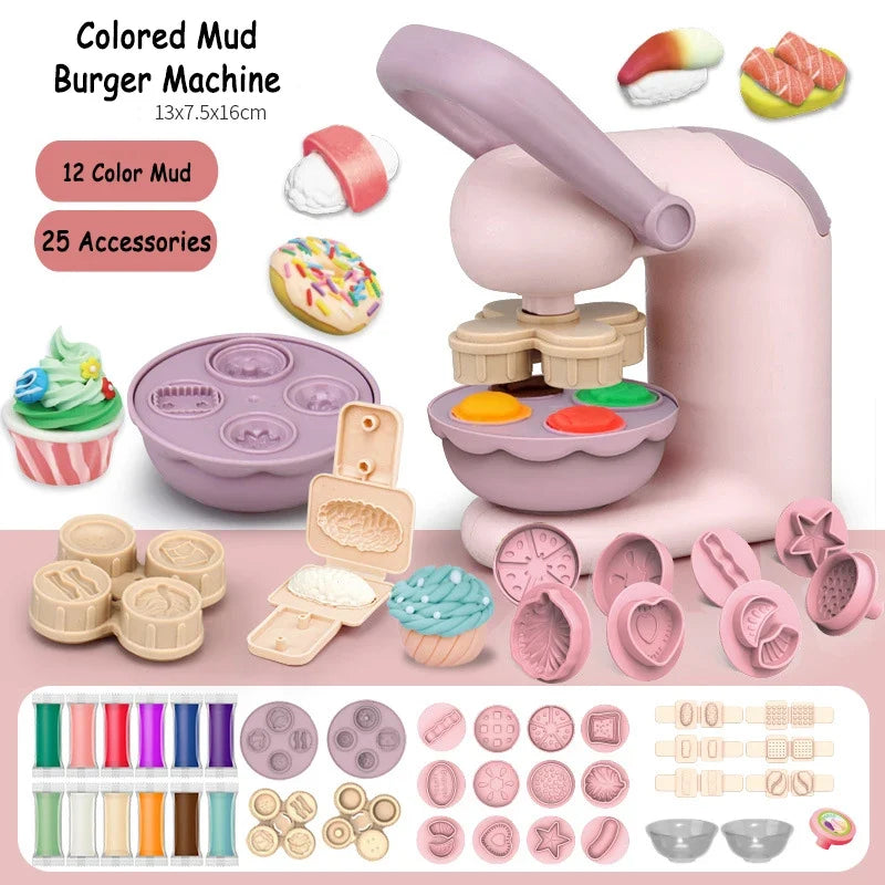 Kids colored clay noodle machine kit with purple press and multiple ice-cream molds