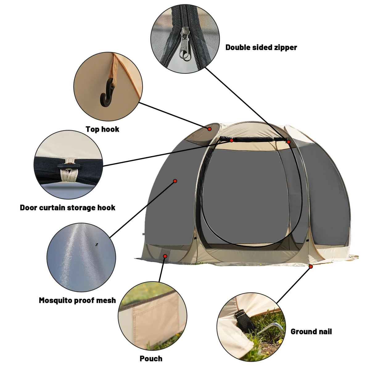 Portable dome screen tent details: double zipper, top hook, and ground nails