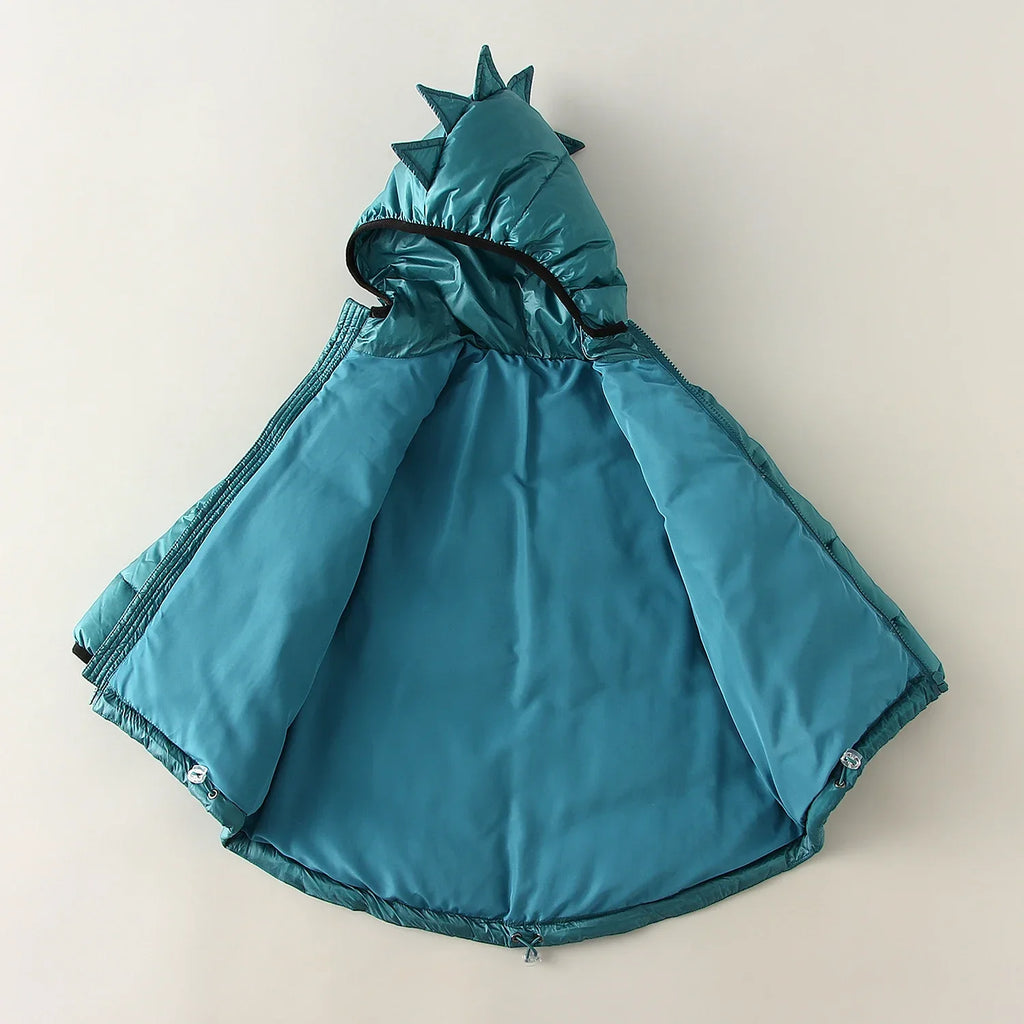 Kids teal puffer parka with dinosaur hood and drawstring hem