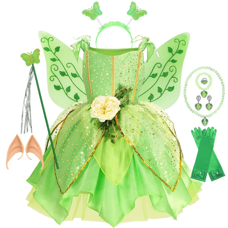 Kids green fairy dress with polka-dot bodice, layered tulle skirt, wing headpiece and necklace