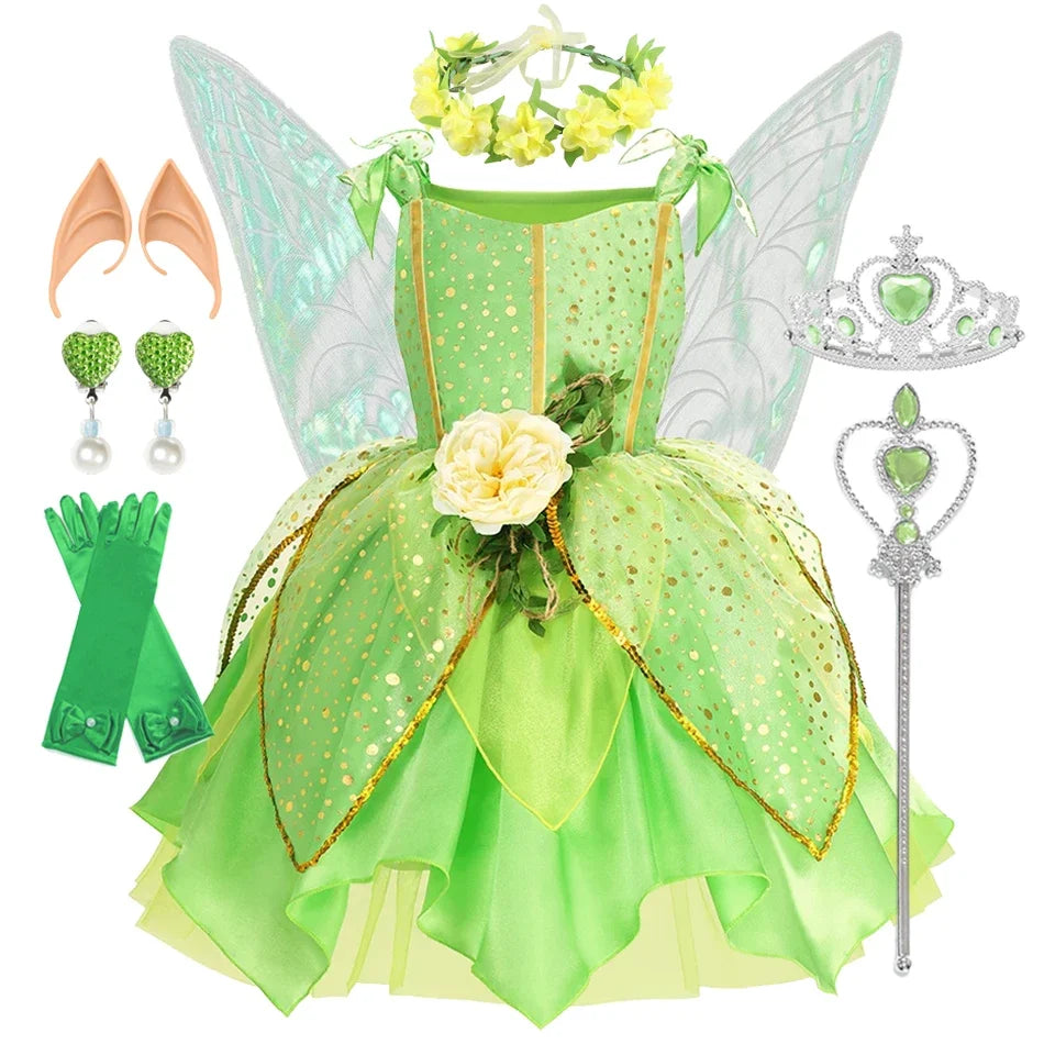 Kids green fairy princess dress with tulle wings and flower sash, dotted bodice