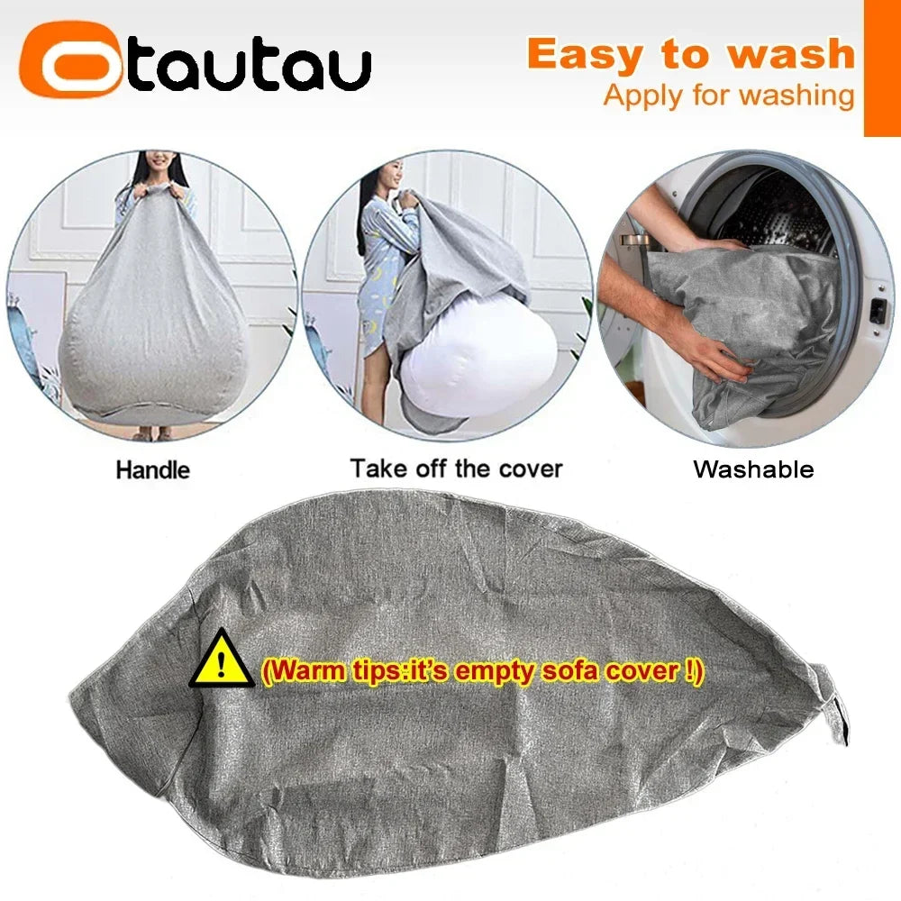 Gray bean bag cover with top handle, laid flat for easy washing