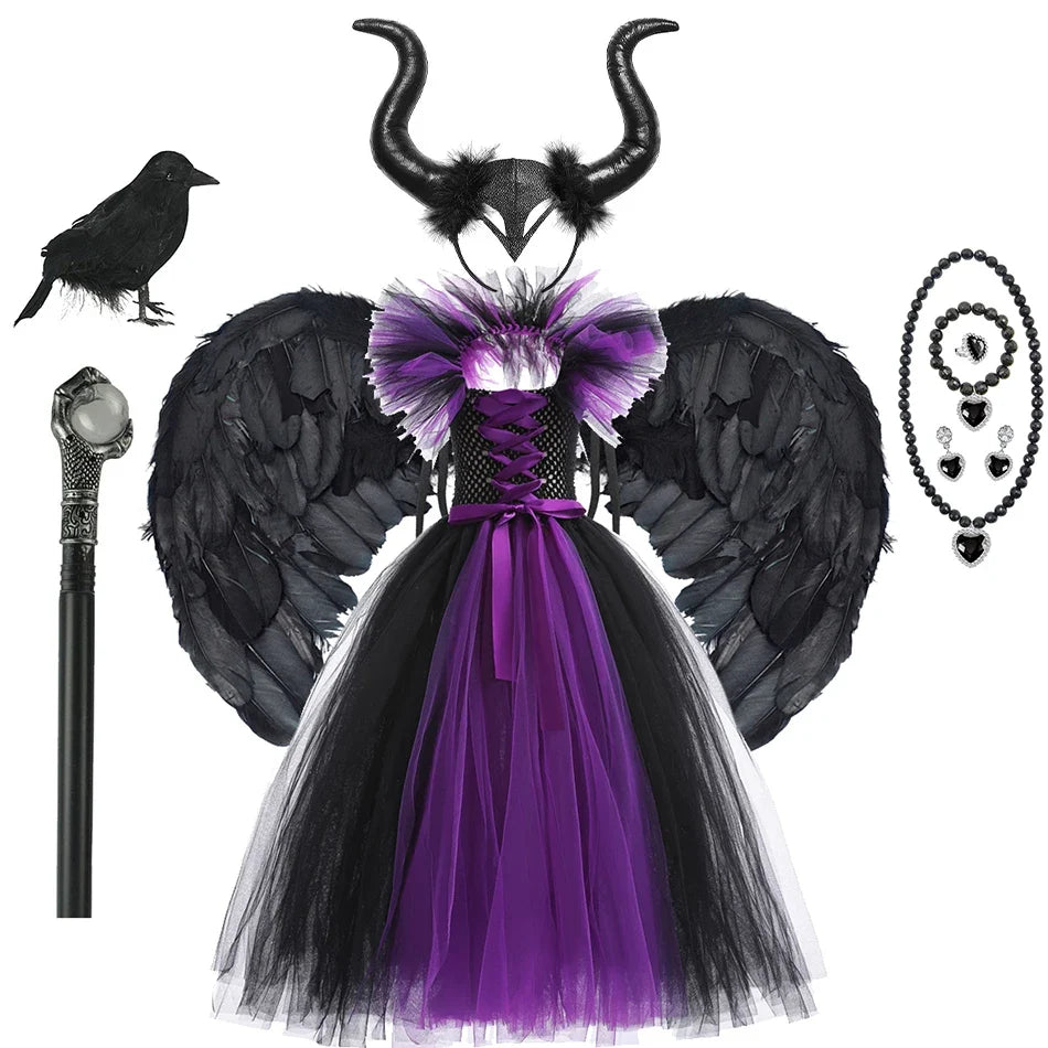 Girls black and purple tulle dress with purple lace-up bodice and winged shoulder accents