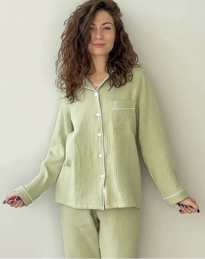 Light green cotton pajama set with button-front top and matching drawstring pants