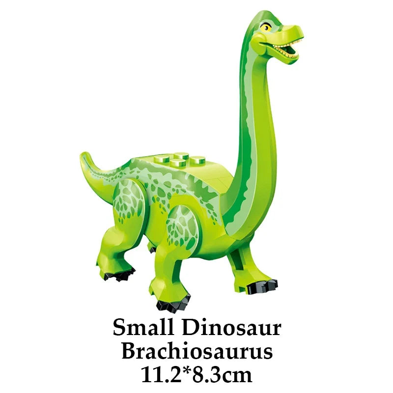 Green dinosaur building block figure with light green spots and open mouth