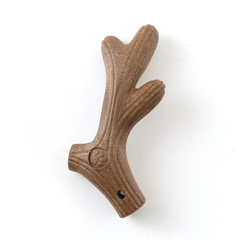 Brown antler-shaped pet teeth grinding chew toy with textured surface and hole
