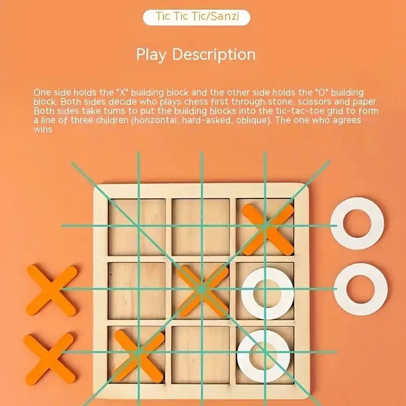 Wooden tic-tac-toe board with orange X and white O pieces