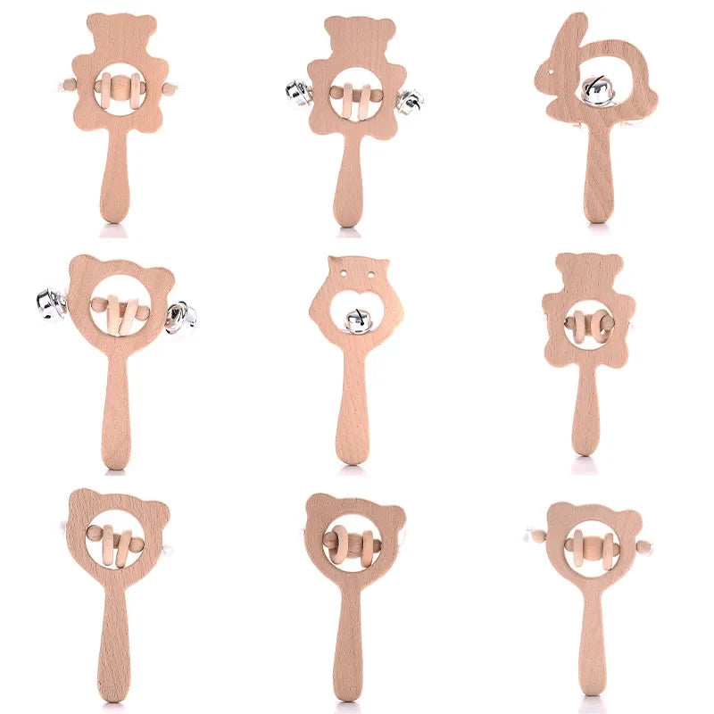 Beech wood animal ring teethers with metal rattle bells in multiple shapes