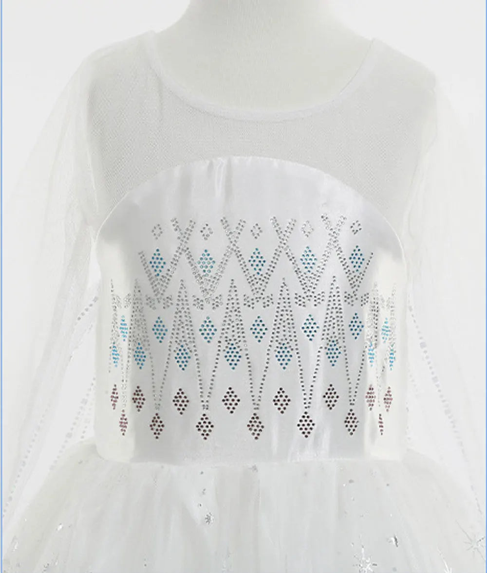 Girls white long-sleeve bodice with blue diamond snowflake sequin pattern
