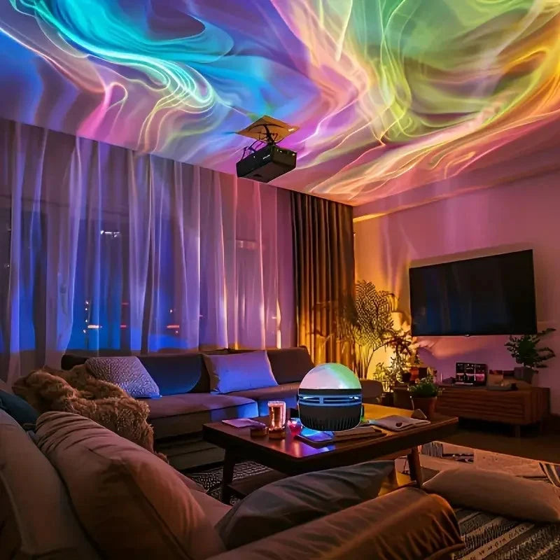 Multicolor LED galaxy projector light on a coffee table, casting colorful ceiling effects.