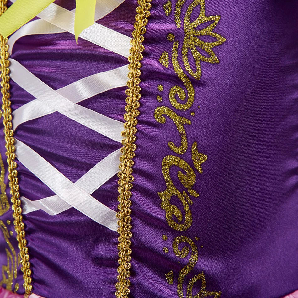 Purple satin bodice close-up with gold embroidery and white crisscross lacing