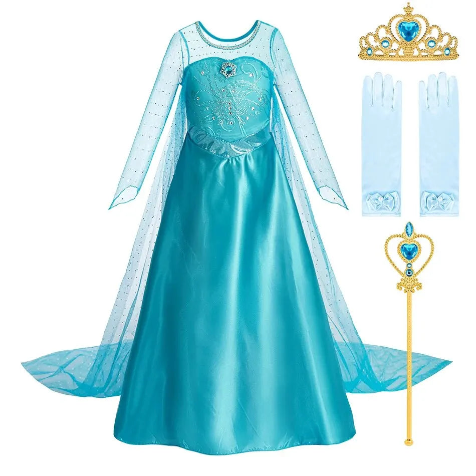 Turquoise princess dress with sheer cape with crown, gloves, pendant and wand