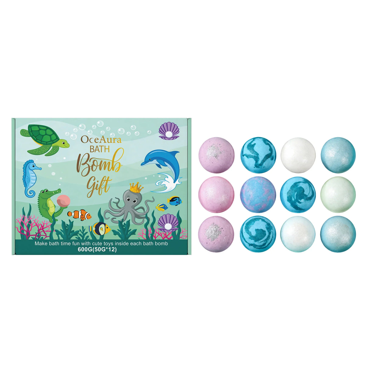 Ocean-themed bath bomb gift set box with 12 pastel round bath bombs