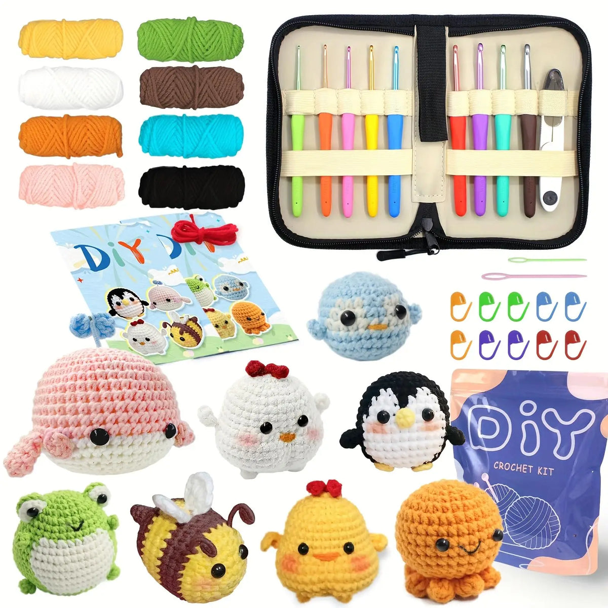 Crochet animal toy kit with finished plush figures and yarn plus hook tools