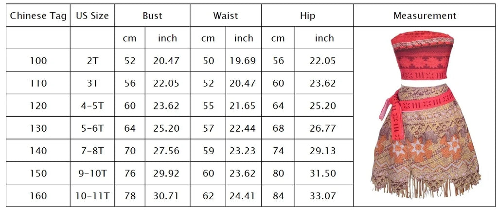 Girls costume size chart with Chinese tag sizes and bust, waist, hip measurements