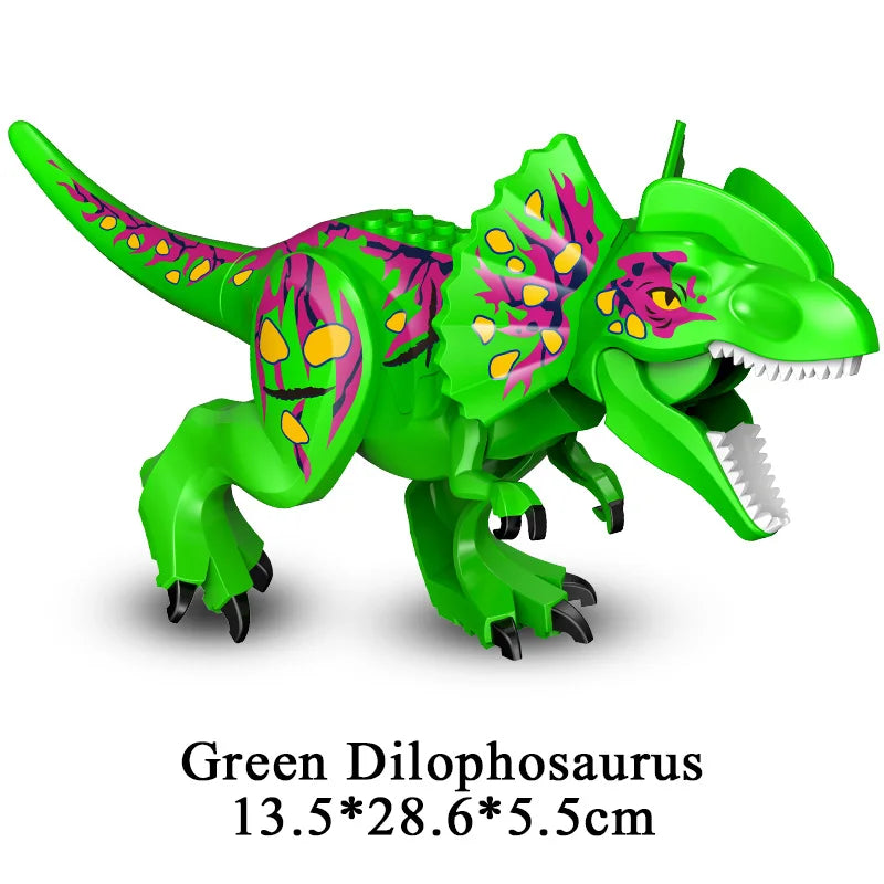 Bright green dinosaur building block figure with purple and yellow face markings
