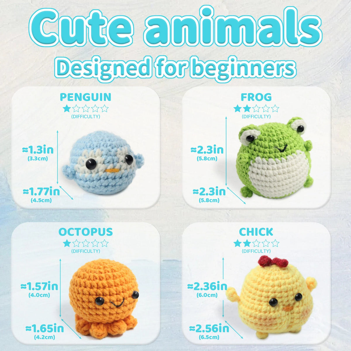 Crochet animal pattern cards for penguin, frog, octopus, and chick