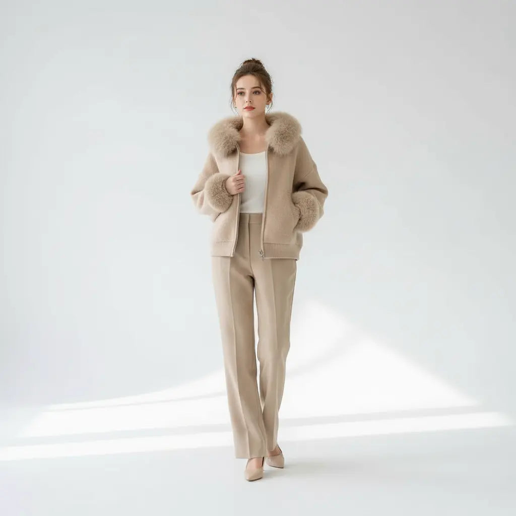Khaki sweater jacket with faux-fur trim hood, front zipper, and relaxed fit