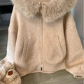 Khaki sweater jacket front with faux-fur hood trim and two patch pockets