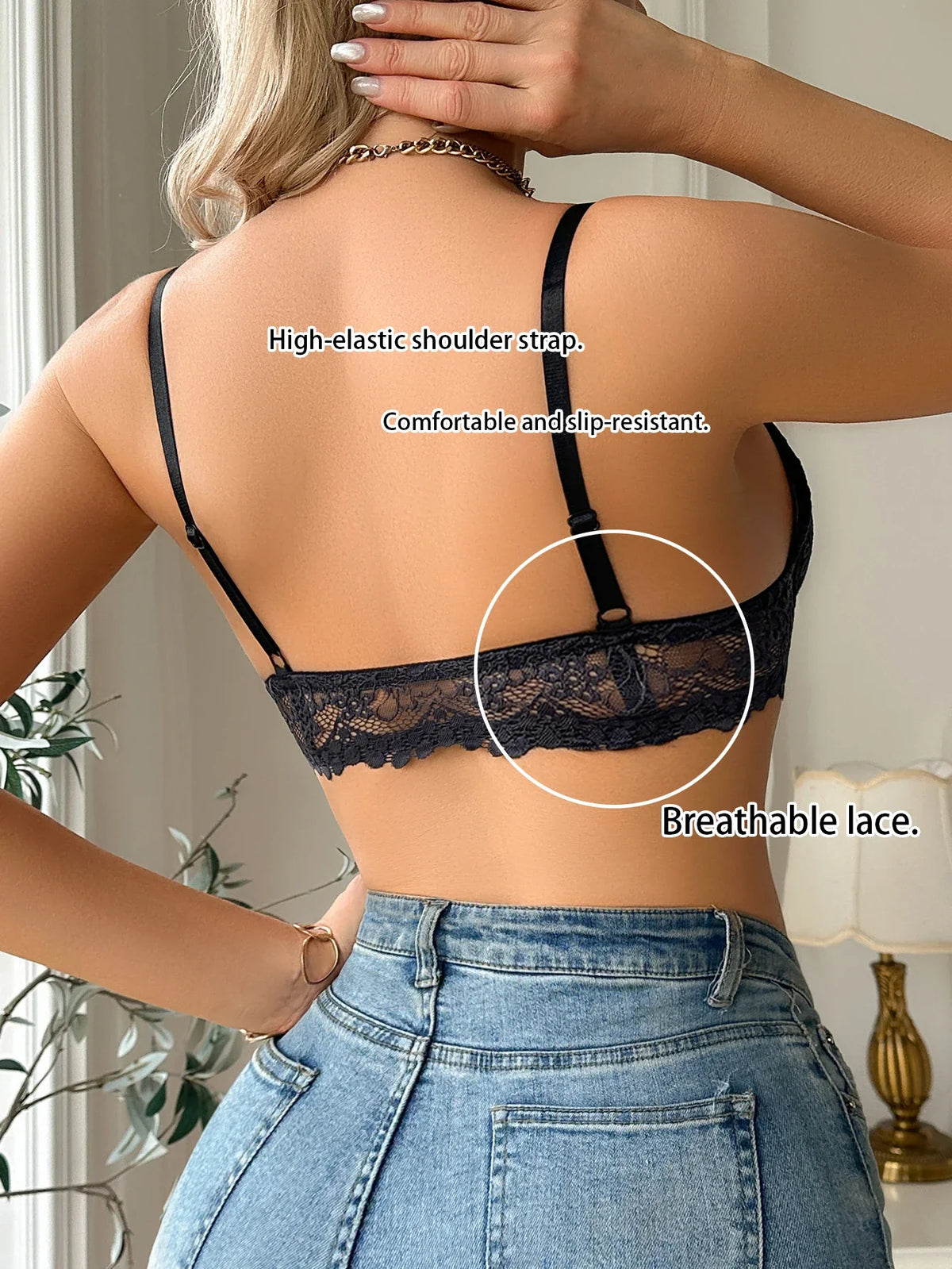 Black lace push-up bra back with adjustable straps and breathable lace
