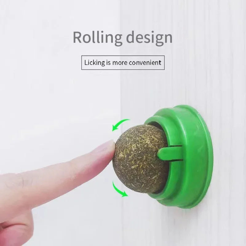 Catnip wall ball toy with green base and textured green ball, pressed to a wall