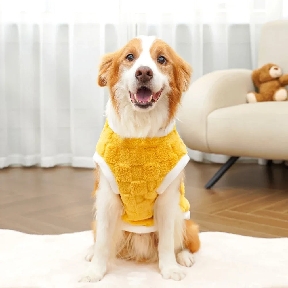 Yellow fleece dog pullover sweater with brown patch label and white trim