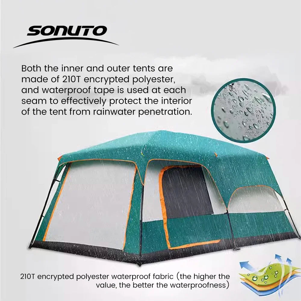 Waterproof tent fabric with taped seams, green outer shell and water droplets